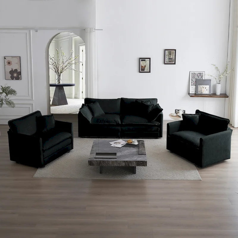 Ensemble de canapés 3 pièces en chenille noire avec causeuse et 2 canapés simples