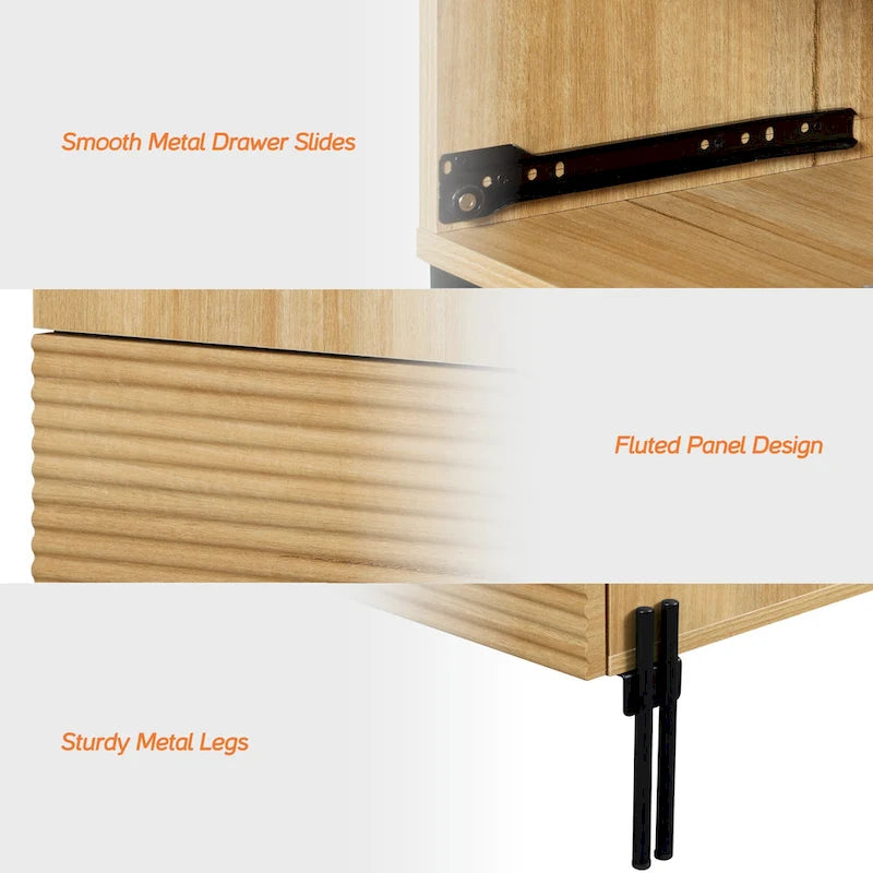 Table de chevet de style moderne avec station de recharge et texture rainurée — Table d'appoint à deux tiroirs