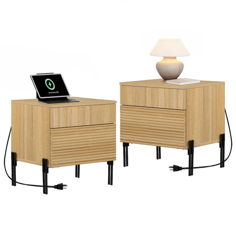 Table de chevet de style moderne avec station de recharge et texture rainurée — Table d'appoint à deux tiroirs
