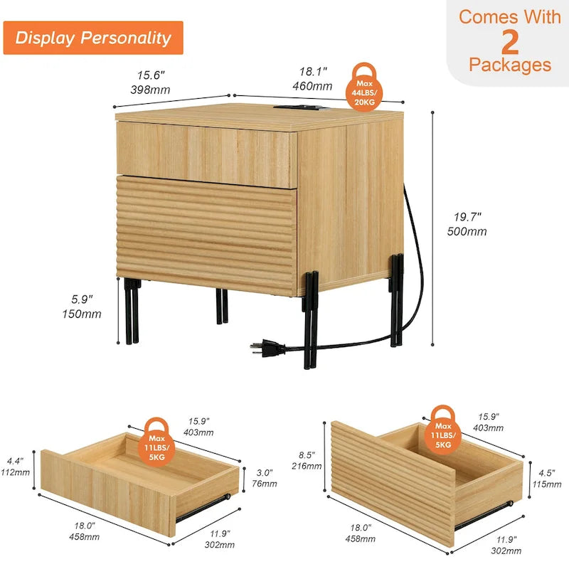 Table de chevet de style moderne avec station de recharge et texture rainurée — Table d'appoint à deux tiroirs