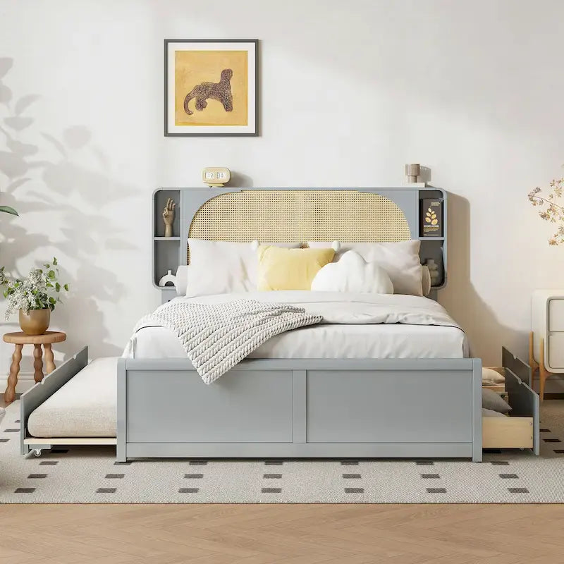 Queen Size Platform Bed Frame with Rattan Headboard & 2 Drawers and Pull Out Trundle, Wood Bed Frame with Shelves