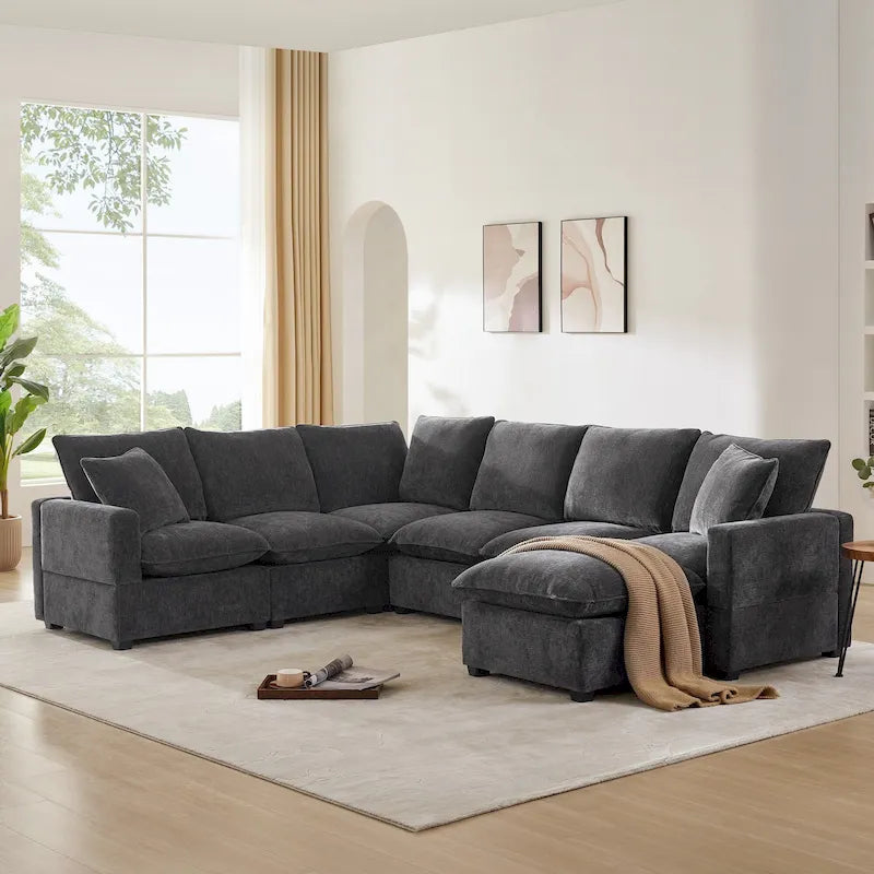 Ensemble de canapé d'angle modulaire 7 places en chenille noir 110 avec 2 oreillers et pouf pour salon ou appartement