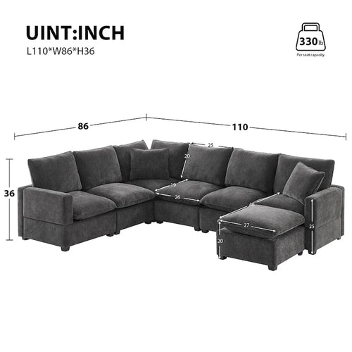Ensemble de canapé d'angle modulaire 7 places en chenille noir 110 avec 2 oreillers et pouf pour salon ou appartement
