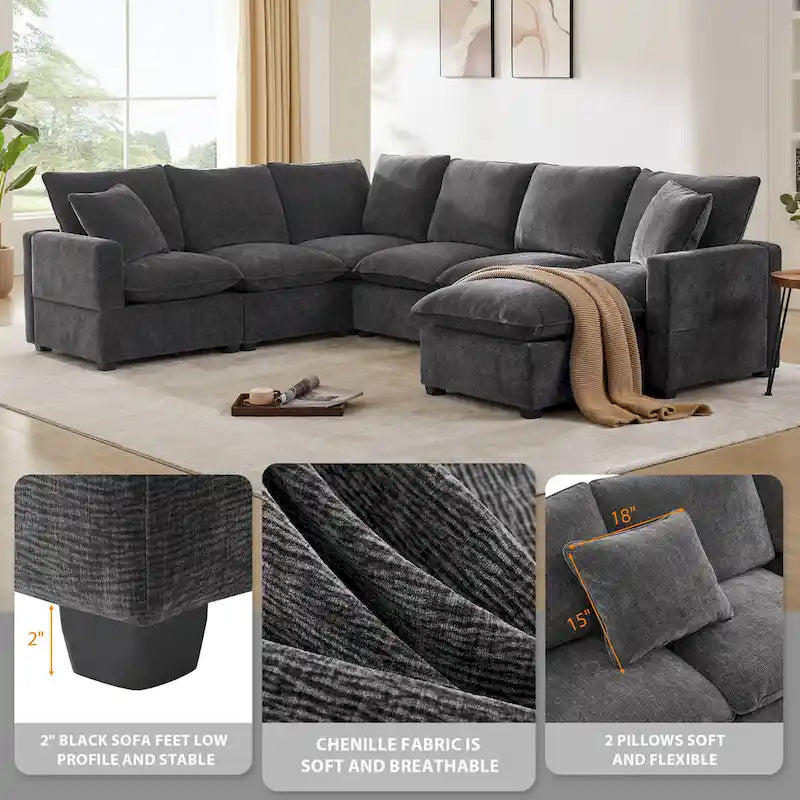 Ensemble de canapé d'angle modulaire 7 places en chenille noir 110 avec 2 oreillers et pouf pour salon ou appartement