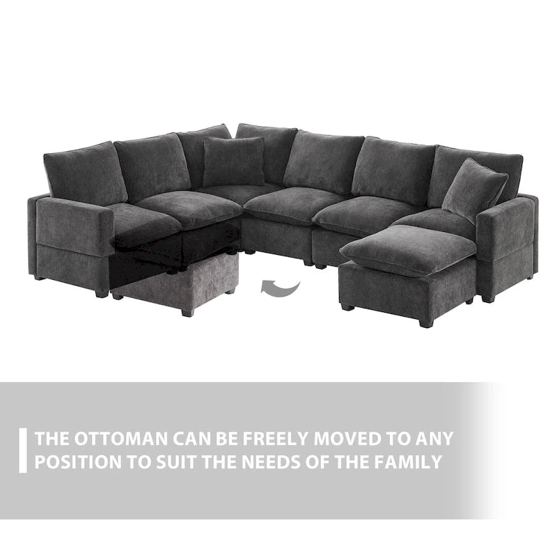 Ensemble de canapé d'angle modulaire 7 places en chenille noir 110 avec 2 oreillers et pouf pour salon ou appartement