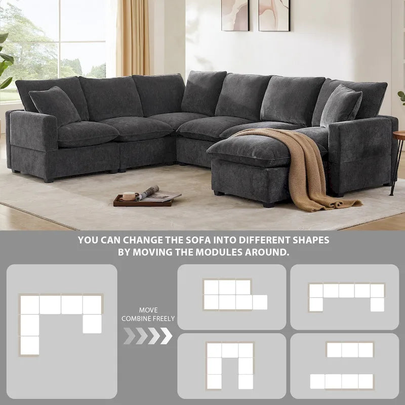 Ensemble de canapé d'angle modulaire 7 places en chenille noir 110 avec 2 oreillers et pouf pour salon ou appartement