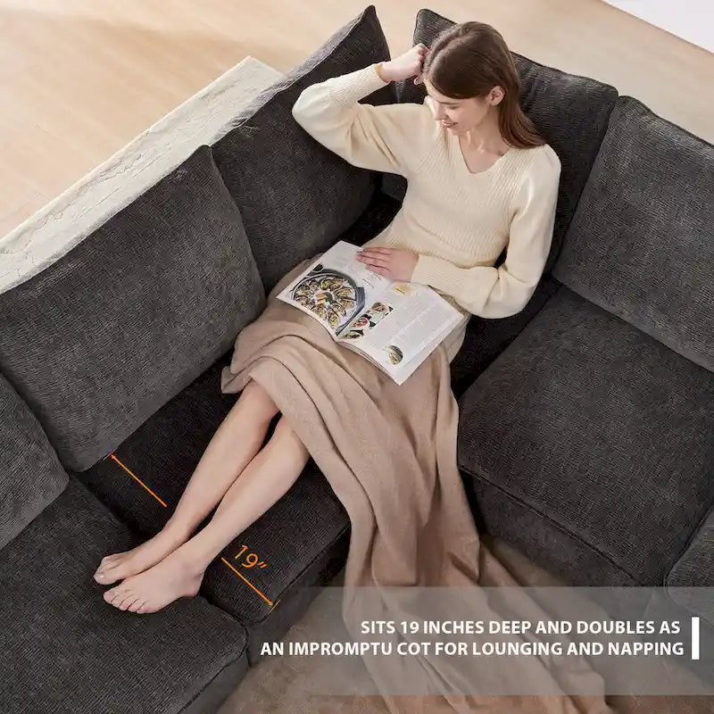 Ensemble de canapé d'angle modulaire 7 places en chenille noir 110 avec 2 oreillers et pouf pour salon ou appartement