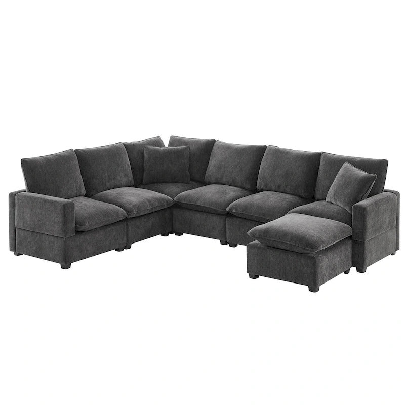 Ensemble de canapé d'angle modulaire 7 places en chenille noir 110 avec 2 oreillers et pouf pour salon ou appartement