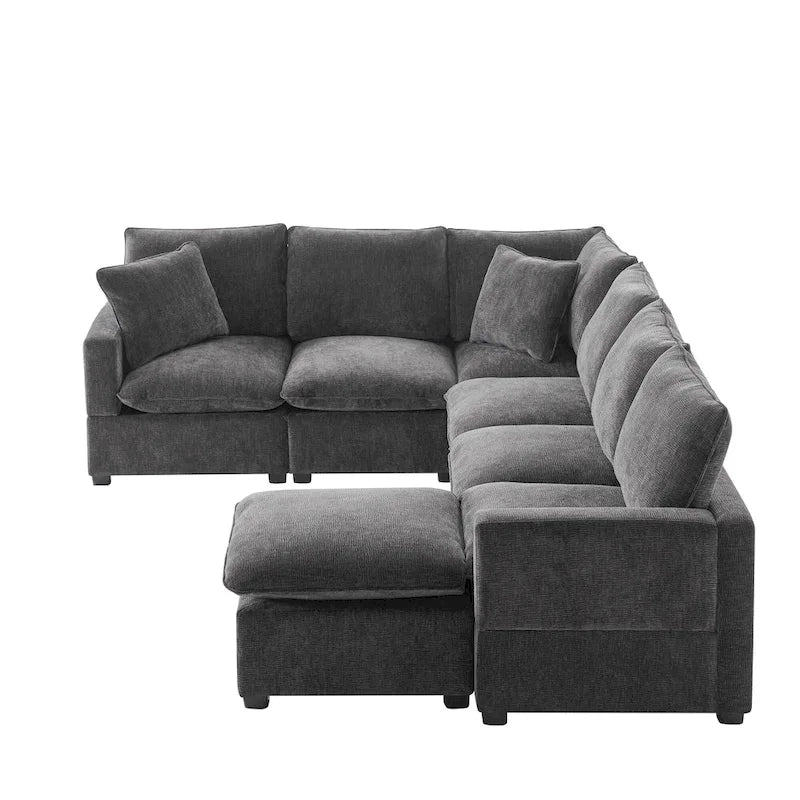 Ensemble de canapé d'angle modulaire 7 places en chenille noir 110 avec 2 oreillers et pouf pour salon ou appartement