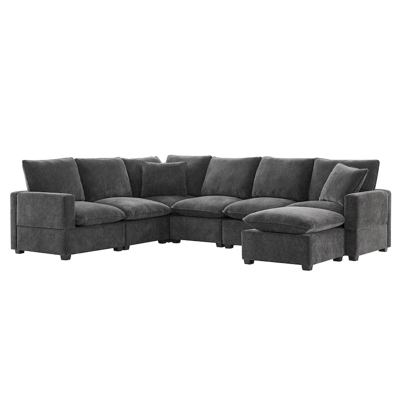 Ensemble de canapé d'angle modulaire 7 places en chenille noir 110 avec 2 oreillers et pouf pour salon ou appartement