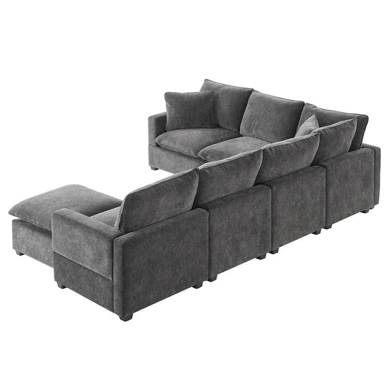 Ensemble de canapé d'angle modulaire 7 places en chenille noir 110 avec 2 oreillers et pouf pour salon ou appartement