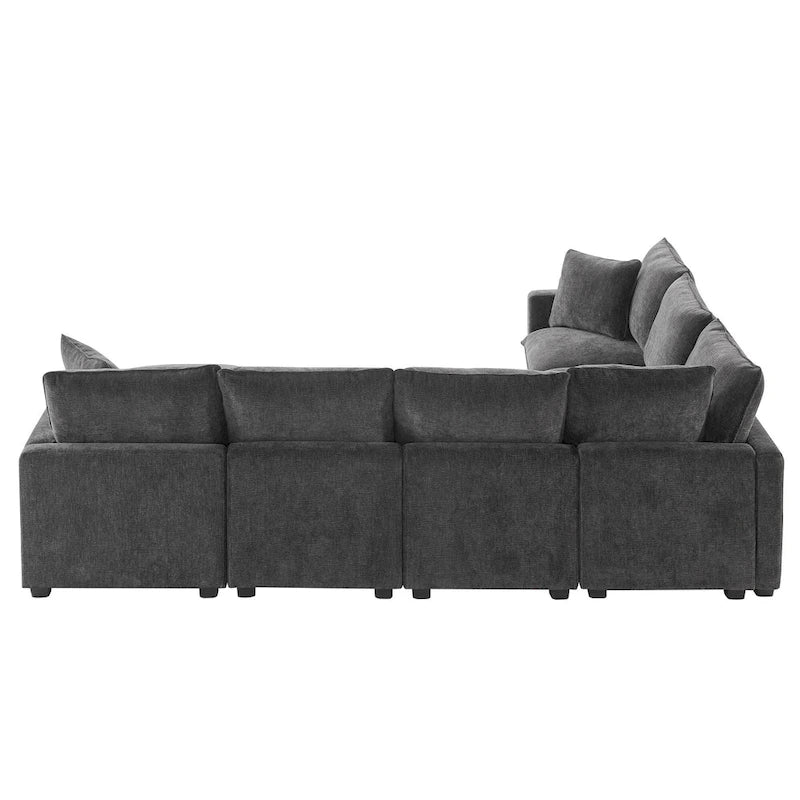 Ensemble de canapé d'angle modulaire 7 places en chenille noir 110 avec 2 oreillers et pouf pour salon ou appartement