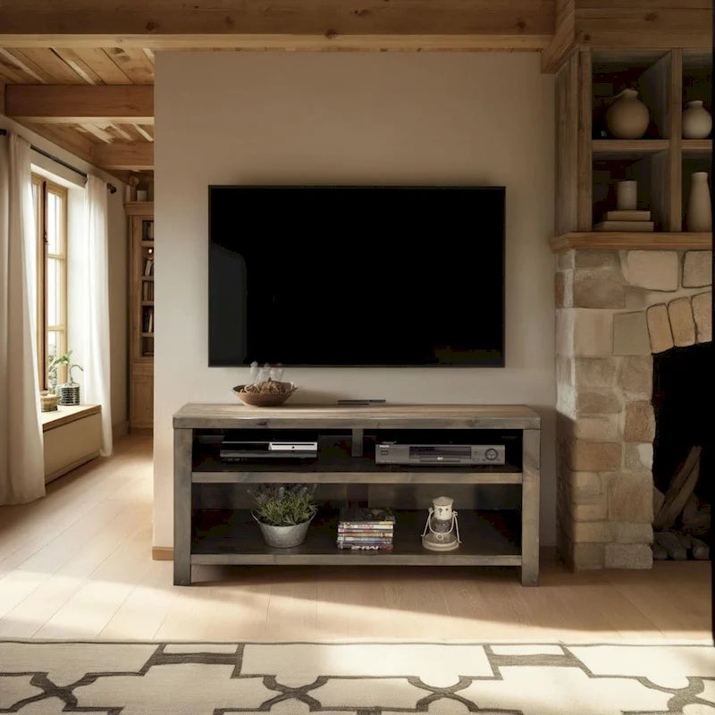 Meuble TV de 122 cm (convient aux téléviseurs jusqu'à 55 pouces) — Aucun assemblage requis, finition bois de grange