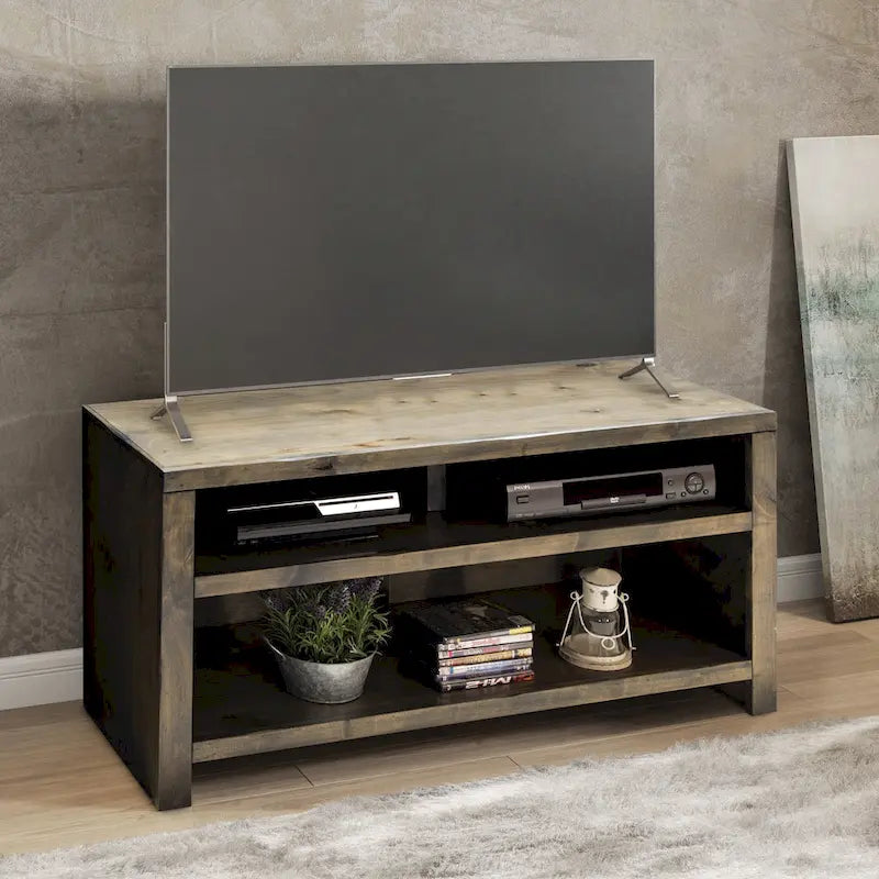 Meuble TV de 122 cm (convient aux téléviseurs jusqu'à 55 pouces) — Aucun assemblage requis, finition bois de grange