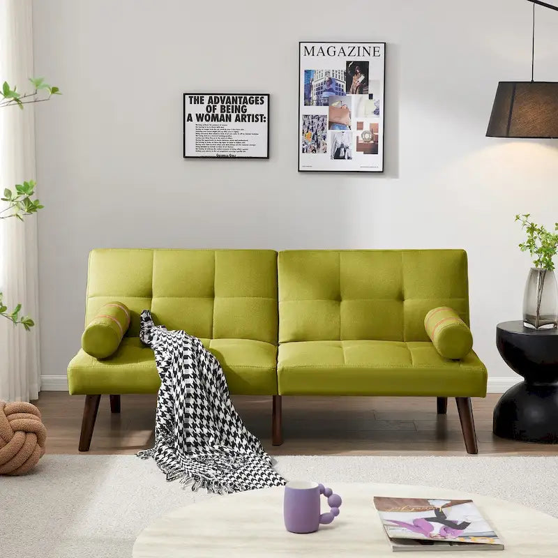 Canapé-lit pliable — Pieds en bois massif, tissu en lin, vert moutarde