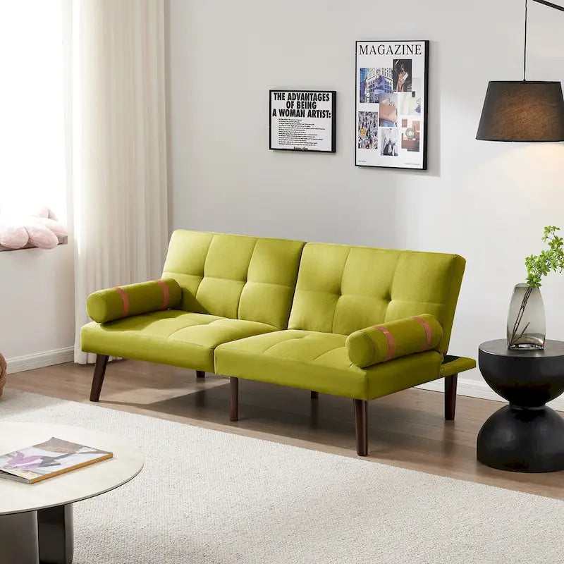 Canapé-lit pliable — Pieds en bois massif, tissu en lin, vert moutarde