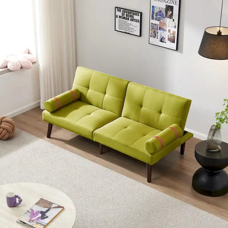 Canapé-lit pliable — Pieds en bois massif, tissu en lin, vert moutarde