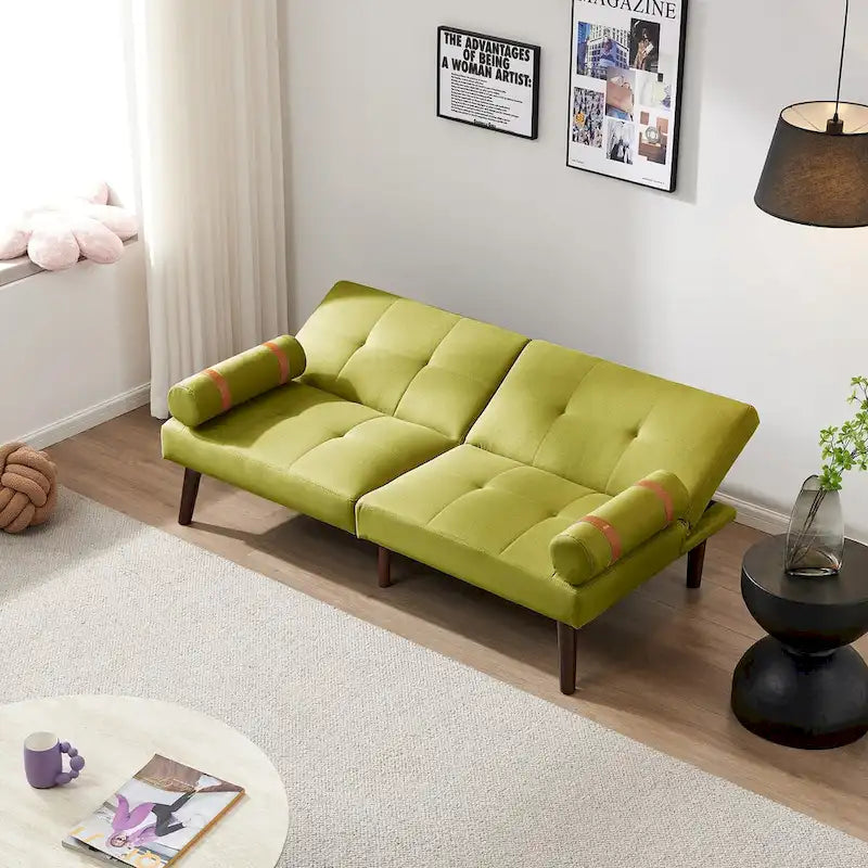 Canapé-lit pliable — Pieds en bois massif, tissu en lin, vert moutarde