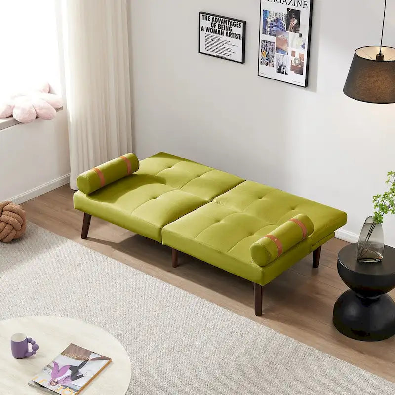 Canapé-lit pliable — Pieds en bois massif, tissu en lin, vert moutarde