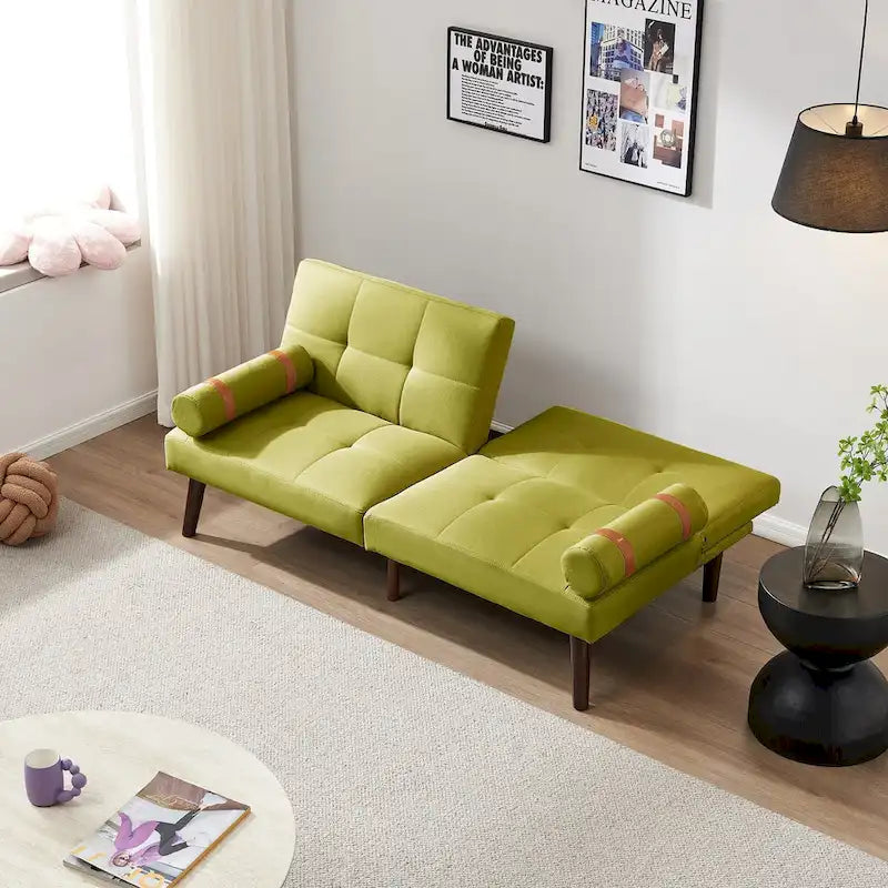 Canapé-lit pliable — Pieds en bois massif, tissu en lin, vert moutarde