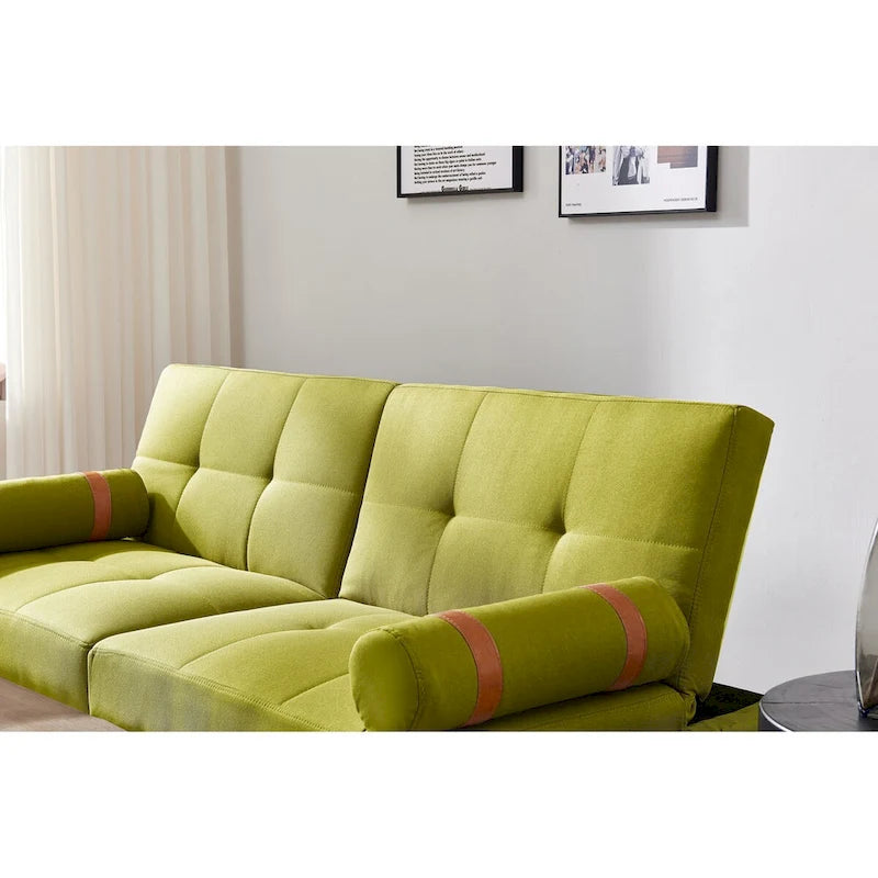 Canapé-lit pliable — Pieds en bois massif, tissu en lin, vert moutarde
