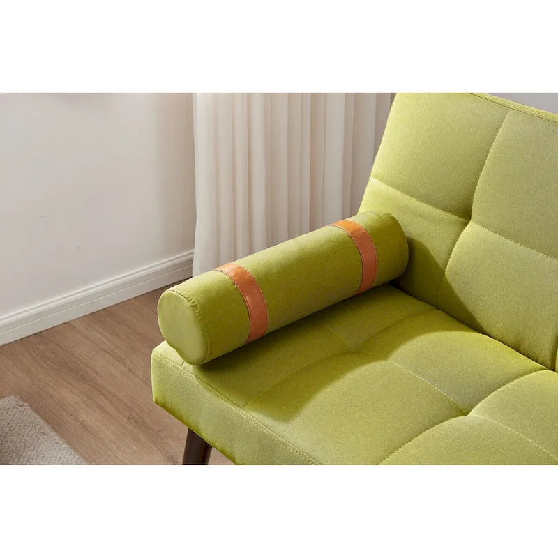 Canapé-lit pliable — Pieds en bois massif, tissu en lin, vert moutarde