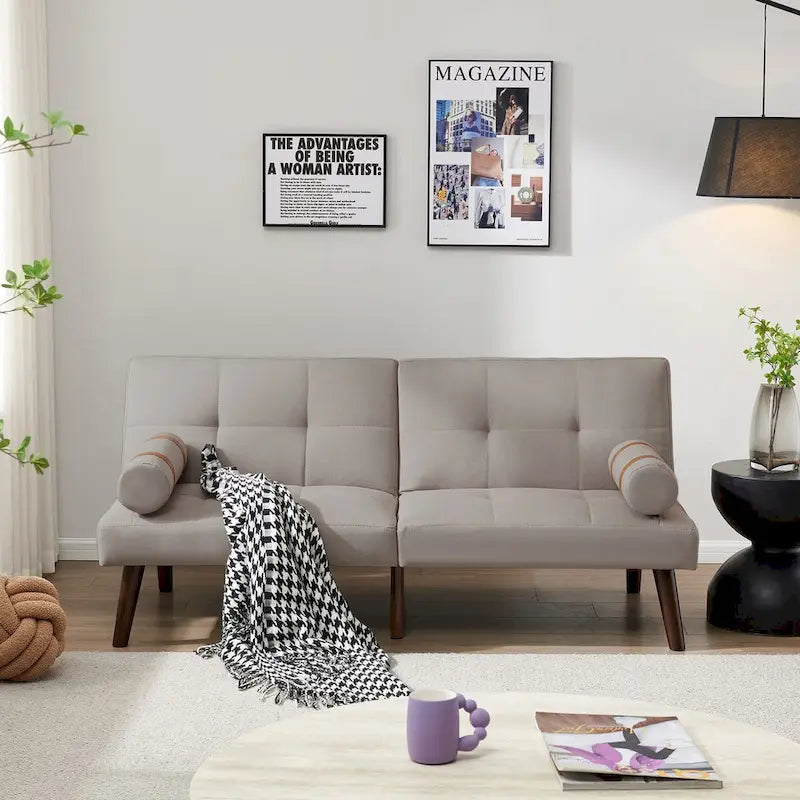 Canapé-lit pliable — Pieds en bois massif, tissu en lin, vert moutarde