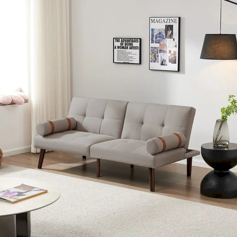 Canapé-lit pliable — Pieds en bois massif, tissu en lin, vert moutarde