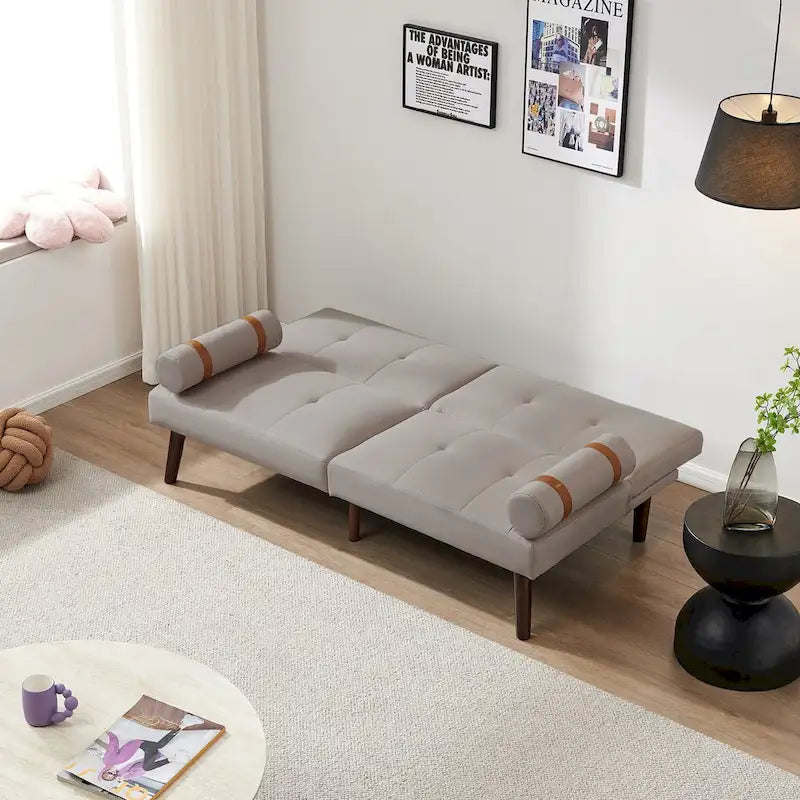 Canapé-lit pliable — Pieds en bois massif, tissu en lin, vert moutarde